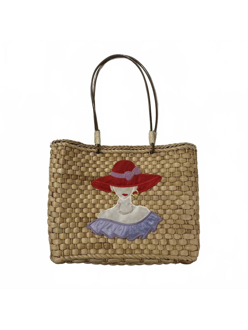 Woven Straw Tote Bag with Embroidered Lady Design